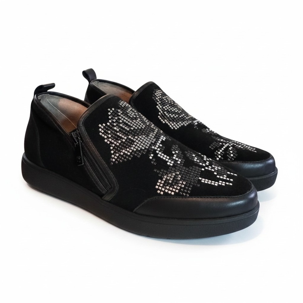 Donald J Pliner Myles Sneaker 8M Black Studded Leather Suede Zip Edgy Luxury